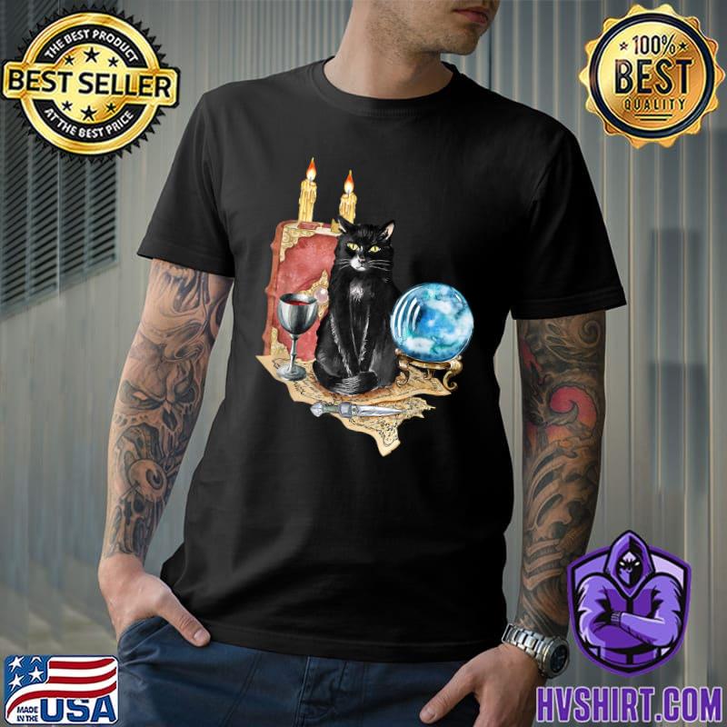 Witch Cat With Magic Ball Wine Candle And Spell Book Halloween T-Shirt