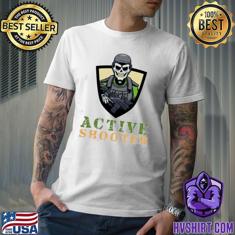 Animated armed skeleton active shooter shirt