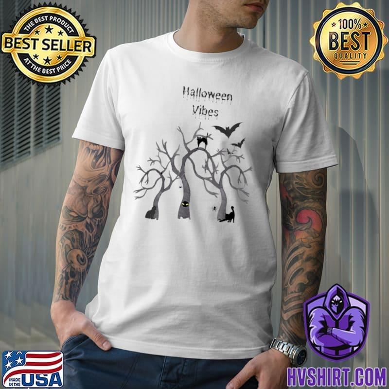 Halloween Vibes Tree And Bats And Black Cat T-Shirt