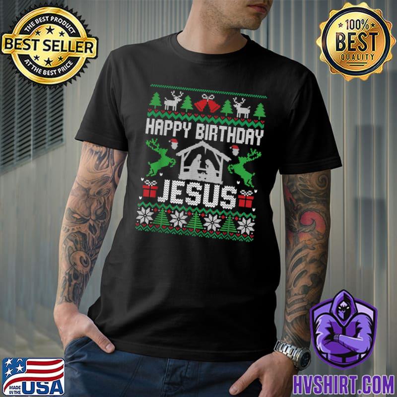 Christmas Happy Birthday Jesus Bell Reindeer Holiday Ugly Sweater T-Shirt