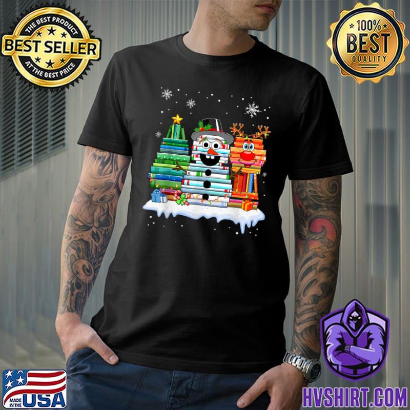 Christmas Library Tree Snowman Reindeer Book Lover Librarian T-Shirt