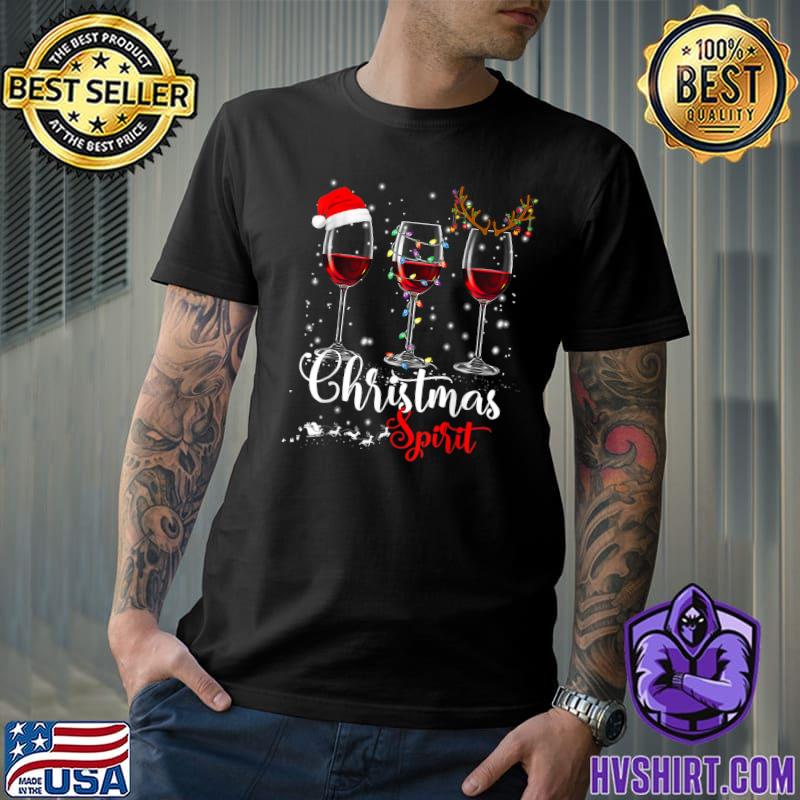 Christmas Spirits Glasses Of Wine Santa Hat And Lights Xmas Holidays Party T-Shirt