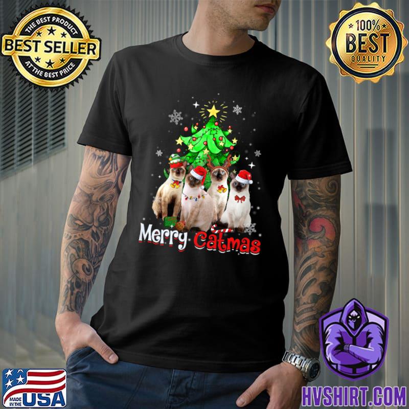 Christmas Tree Siamese Cat Wear Santa Hat Merry Catmas Xmas Cat Lights T-Shirt