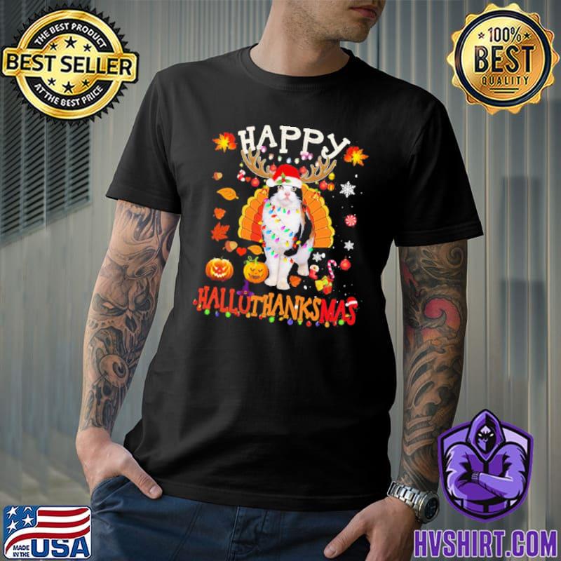 Funny cat happy hallothanksmas trending shirt