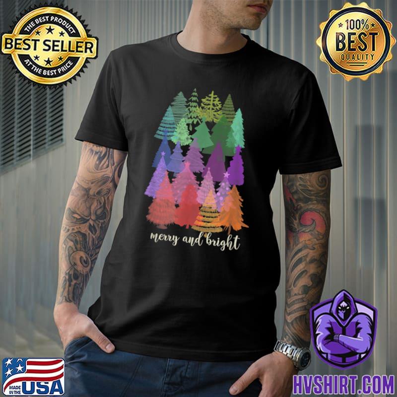 Merry And Bright Christmas Tree Rainbow Watercolor T-Shirt
