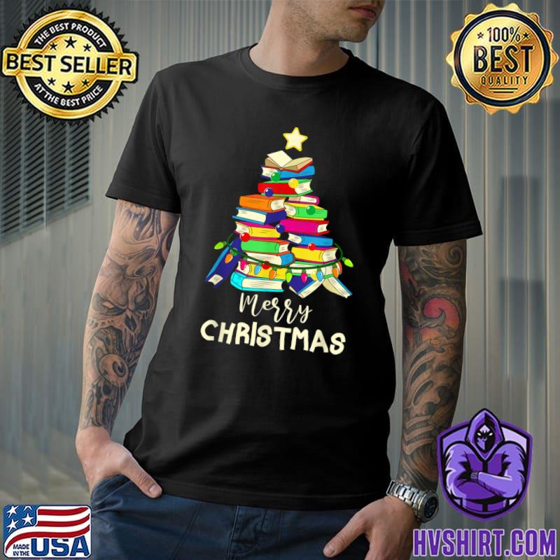 Merry Christmas Tree Love Reading Books Librarian T-Shirt