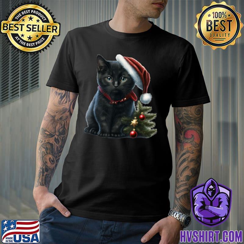Black Cat With Santa Hat Xmas Tree Gift Christmas T-Shirt