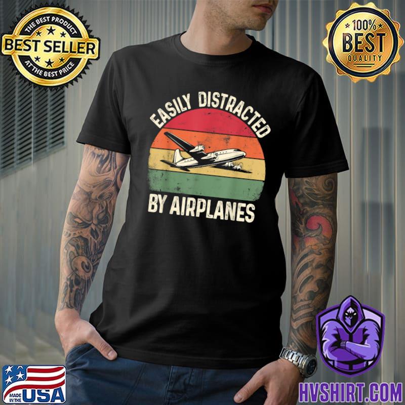 Easily Distracted By Airplanes Retro Airplane Pilot T-Shirt