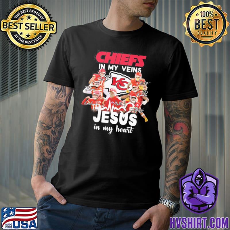 Official kansas City Chiefs champion in my veins jesus in my heart  2022-2023 shirt, hoodie, sweater, long sleeve and tank top