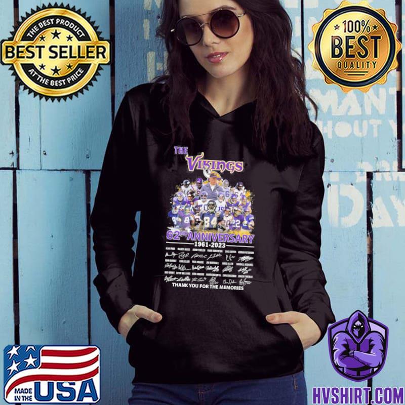 Minnesota Vikings 62th anniversary 1961-2023 thank you for the memories  signatures shirt, hoodie, sweater, long sleeve and tank top