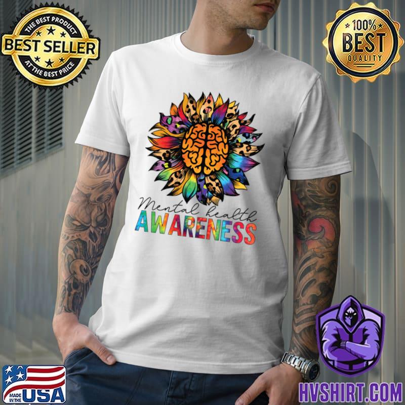 Metal Health Awareness Sunflower Brain Leopard Tye Die T-Shirt