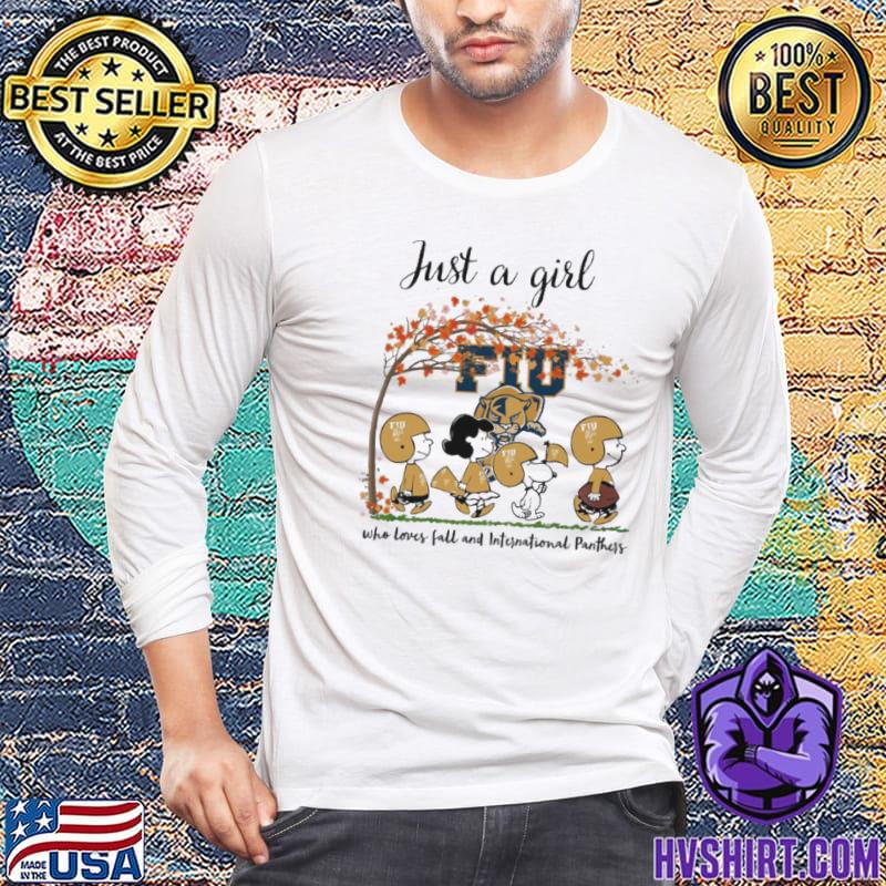 Just A Girl Who Loves Fall and Florida International Panthers Peanuts  Cartoon Halloween T-shirt, hoodie, sweater, long sleeve and tank top