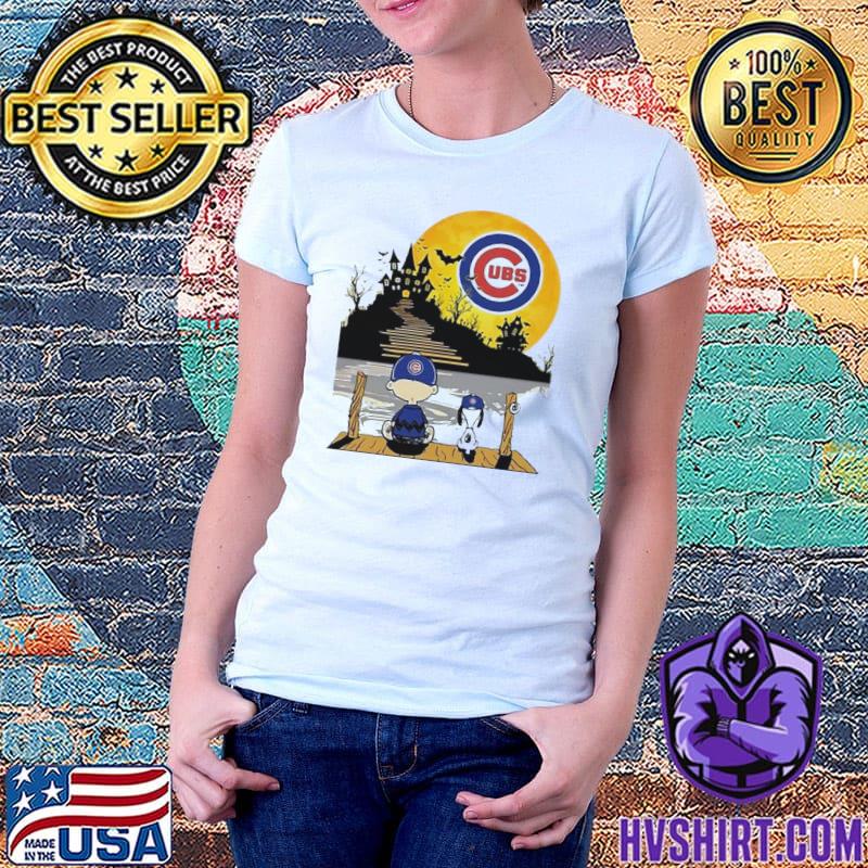 Snoopy Charlie Brown Sit Under Moon Chicago Cubs Halloween Shirt