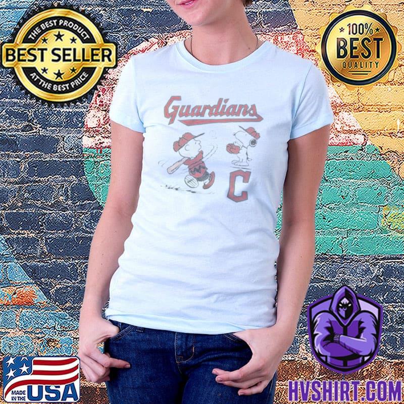 Charlie Brown And Snoopy Playing Baseball Cleveland Guardians Mlb 2023 T- shirt,Sweater, Hoodie, And Long Sleeved, Ladies, Tank Top